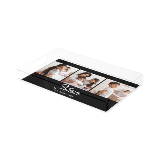 Mom Established Script Black 3 Photo Acrylic Tray (Angled)
