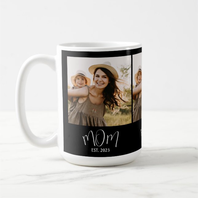 Mom Established Script Black 3 Photo Coffee Mug (Left)