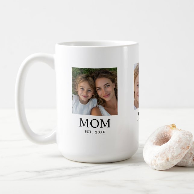 Mom Established Script Black 3 Photo Coffee Mug (With Donut)
