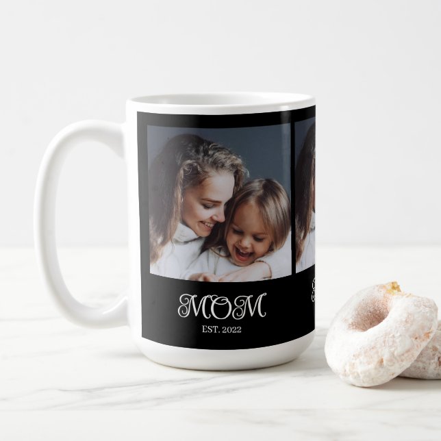 Mom Established Script Black 3 Photo Coffee Mug (With Donut)