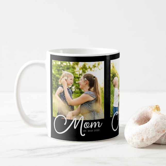Mom Established Script Black 3 Photo Coffee Mug (With Donut)