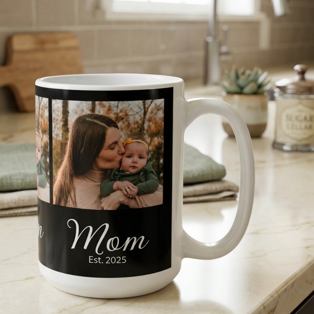 Mom Established Script Black 3 Photo Coffee Mug (Creator Uploaded)
