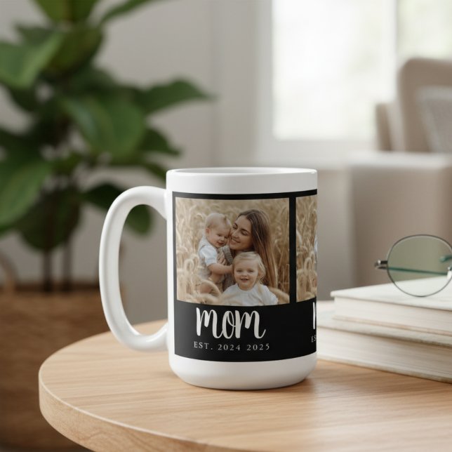 Mom Established Script Black 3 Photo Coffee Mug (modern trendy 3 photo mom established dates mug for unique heartfelt mother's day christmas gifts)