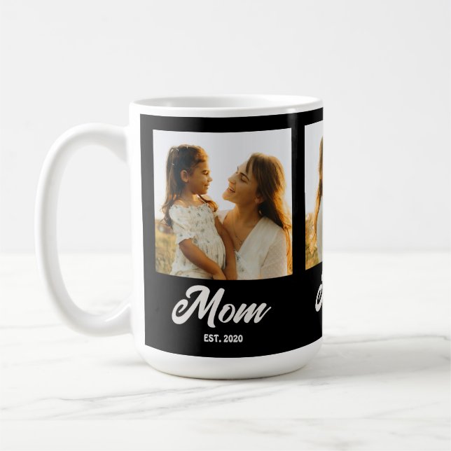 Mom Established Script Black 3 Photo Coffee Mug (Left)