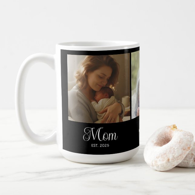 Mom Established Script Black 3 Photo Coffee Mug (With Donut)