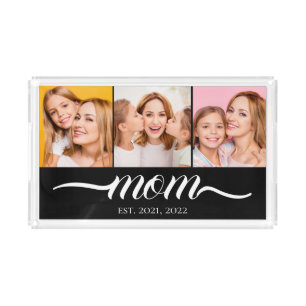 Mom Established Script Black 3 Photo Collage Acrylic Tray