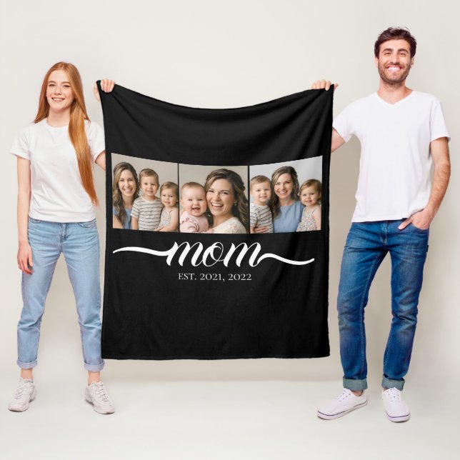 Mom Established Script Black 3 Photo Collage Fleece Blanket (In Situ)