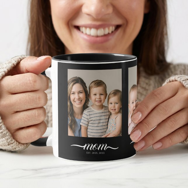 Mom Established Script Black 3 Photo Collage Mug (Creator Uploaded)