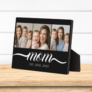 Mom Established Script Black 3 Photo Collage Plaque