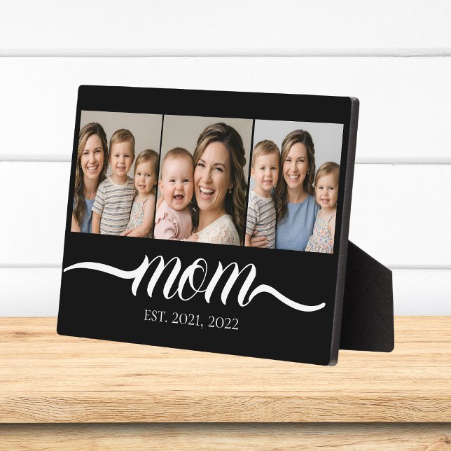 Mom Established Script Black 3 Photo Collage Plaque (Creator Uploaded)