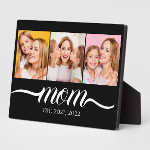 Mom Established Script Black 3 Photo Collage Plaque