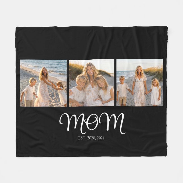 Mom Established Script Black 3 Photo Fleece Blanket (Front (Horizontal))