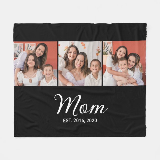 Mom Established Script Black 3 Photo Fleece Blanket (Front (Horizontal))