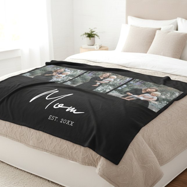 Mom Established Script Black 3 Photo Fleece Blanket (Creator Uploaded)