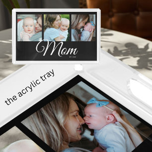 Mom Established Script Black 3 Photo Gift Acrylic Tray