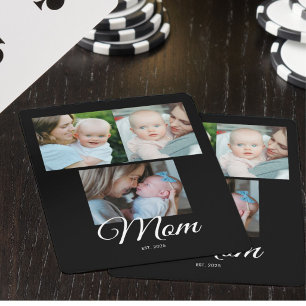 Mom Established Script Black 3 Photo Gift Poker Cards