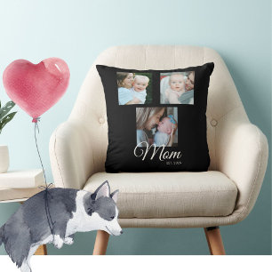 Mom Established Script Black 3 Photo Gift Throw Pillow