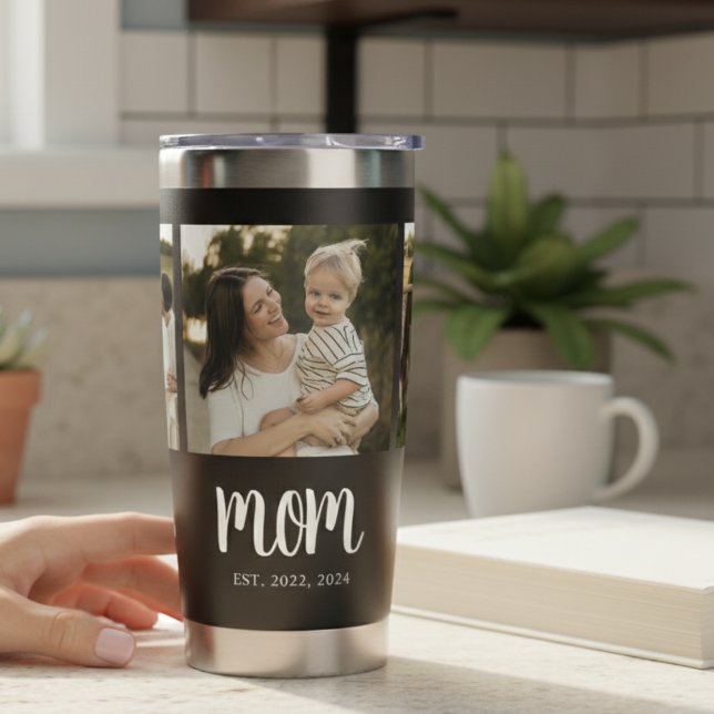 Mom Established Script Black 3 Photo Insulated Tumbler (modern minimal black tumbler with mom established date in white script with 3 photo design for gifts)