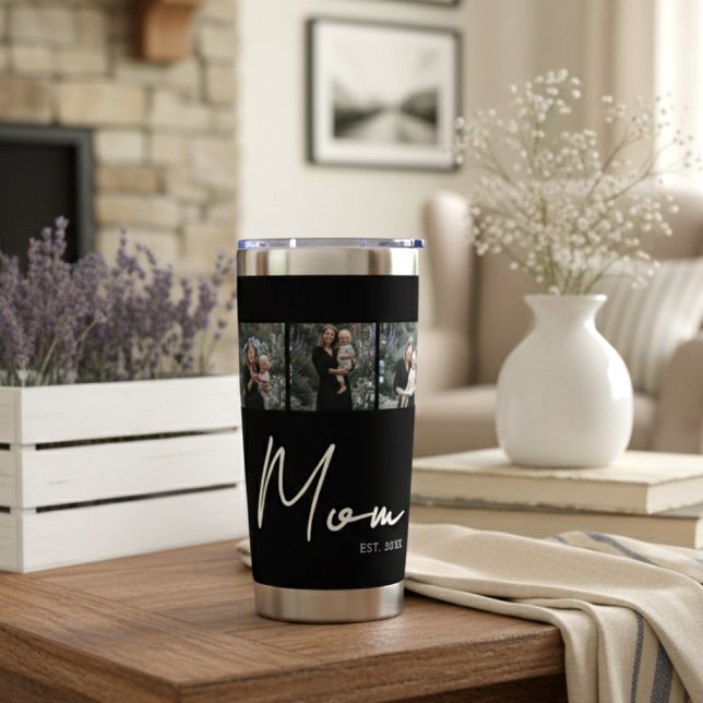 Mom Established Script Black 3 Photo Insulated Tumbler (Creator Uploaded)