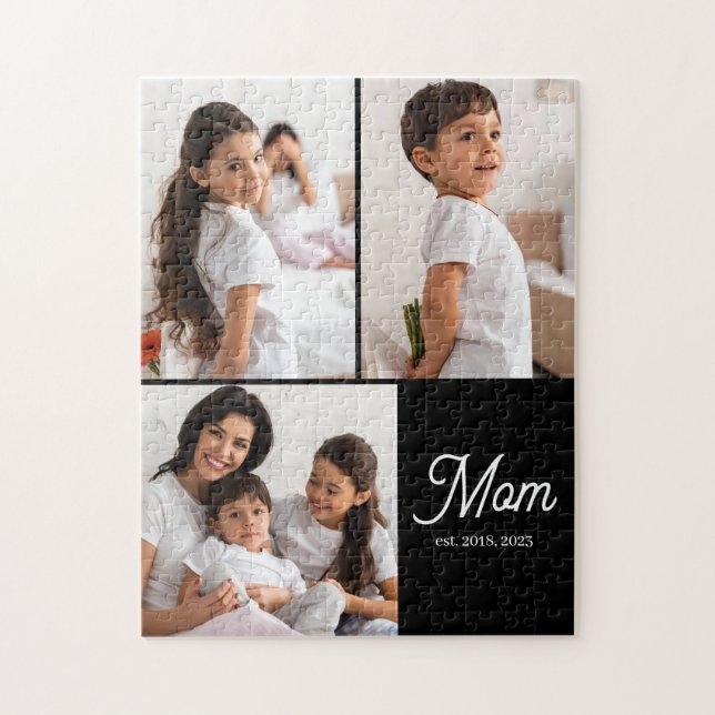 Mom Established Script Black 3 Photo Jigsaw Puzzle (Vertical)
