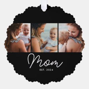 Mom Established Script Black 3 Photo Ornament Card
