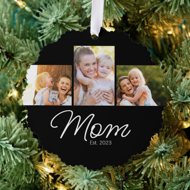 Mom Established Script Black 3 Photo Ornament Card (Insitu (Tree))