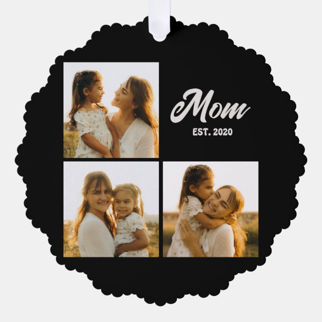 Mom Established Script Black 3 Photo Ornament Card (Front)
