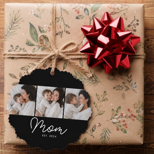 Mom Established Script Black 3 Photo Ornament Card