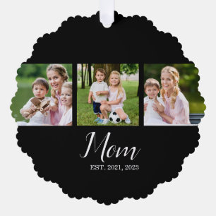 Mom Established Script Black 3 Photo Ornament Card
