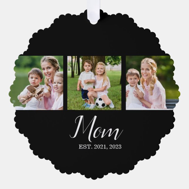 Mom Established Script Black 3 Photo Ornament Card (Front)