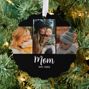 Mom Established Script Black 3 Photo Ornament Card