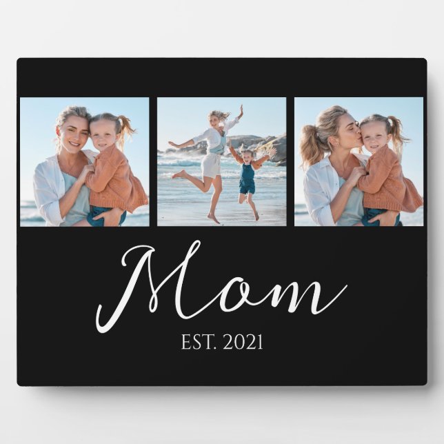 Mom Established Script Black 3 Photo Plaque (Front)