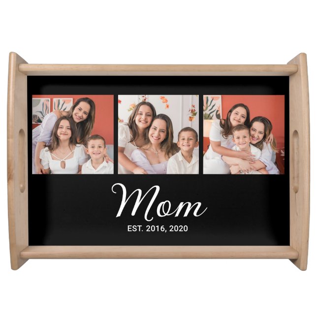 Mom Established Script Black 3 Photo Serving Tray (Front)