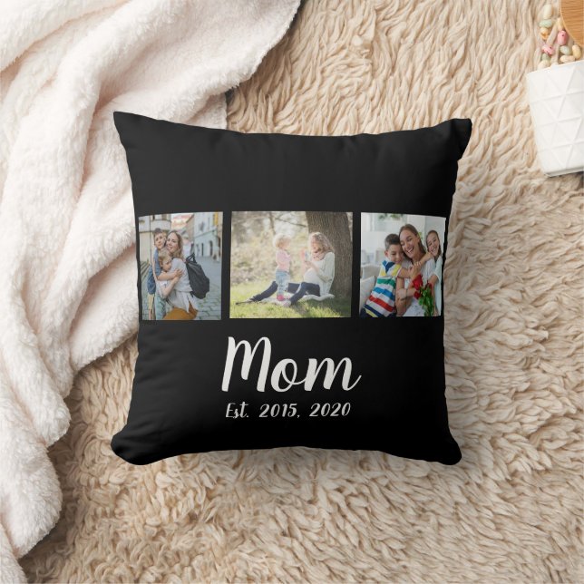 Mom Established Script Black 3 Photo Throw Pillow (Blanket)