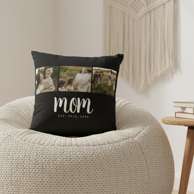 Mom Established Script Black 3 Photo Throw Pillow (modern 3 photo black and white script mom established pillow gift for mom mother's day christmas)
