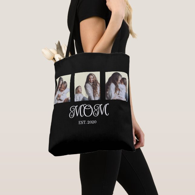 Mom Established Script Black 3 Photo Tote Bag (Close Up)