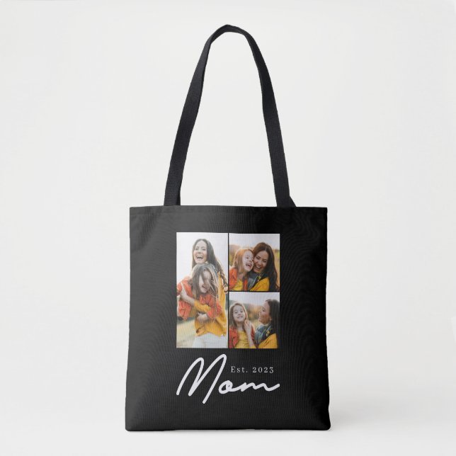 Mom Established Script Black 3 Photo Tote Bag (Front)
