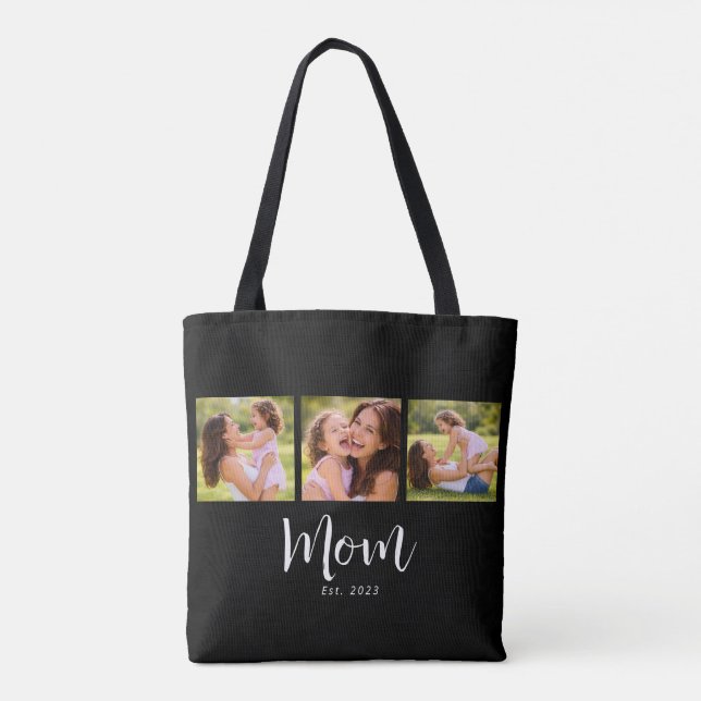 Mom Established Script Black 3 Photo Tote Bag (Back)