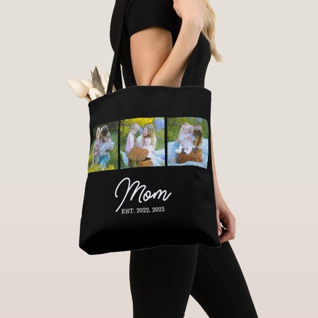 Mom Established Script Black 3 Photo Tote Bag (Close Up)