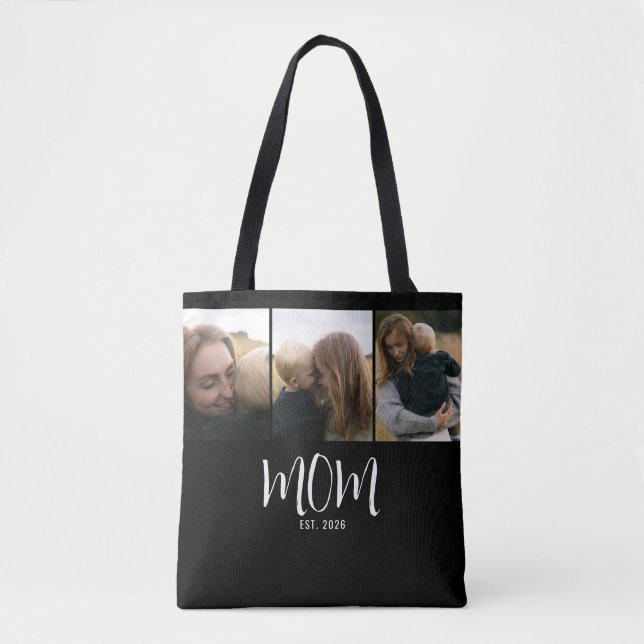 Mom Established Script Black 3 Photo Tote Bag (Front)