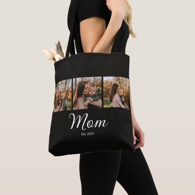 Mom Established Script Black 3 Photo Tote Bag (Close Up)