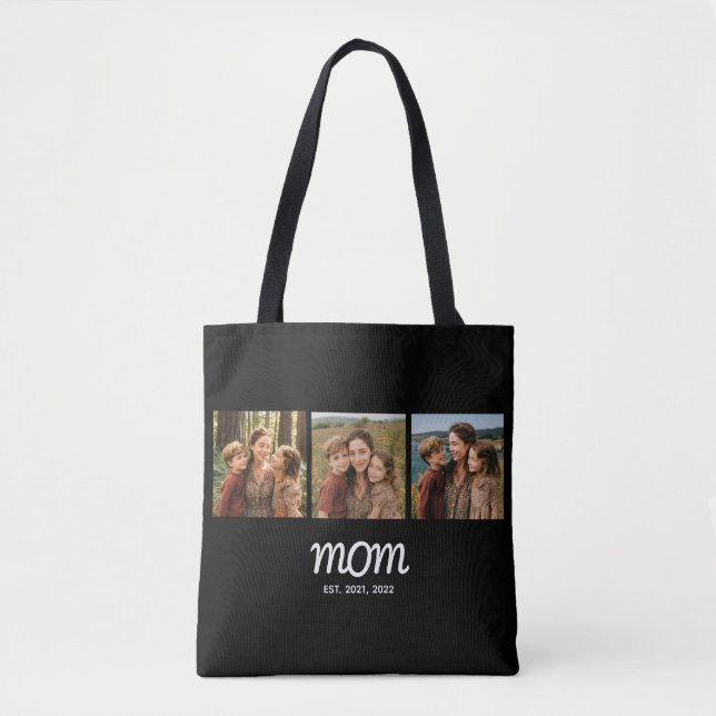 Mom Established Script Black 3 Photo Tote Bag (Front)