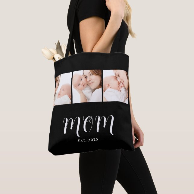 Mom Established Script Black 3 Photo Tote Bag (Close Up)
