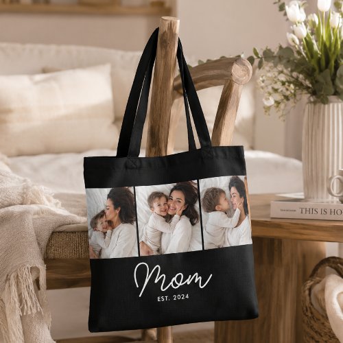 Mom Established Script Black 3 Photo Tote Bag