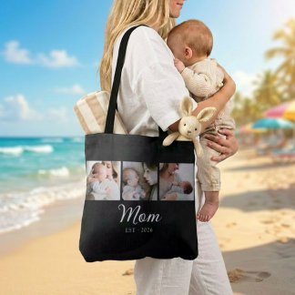 Mom Established Script Black 3 Photo Tote Bag
