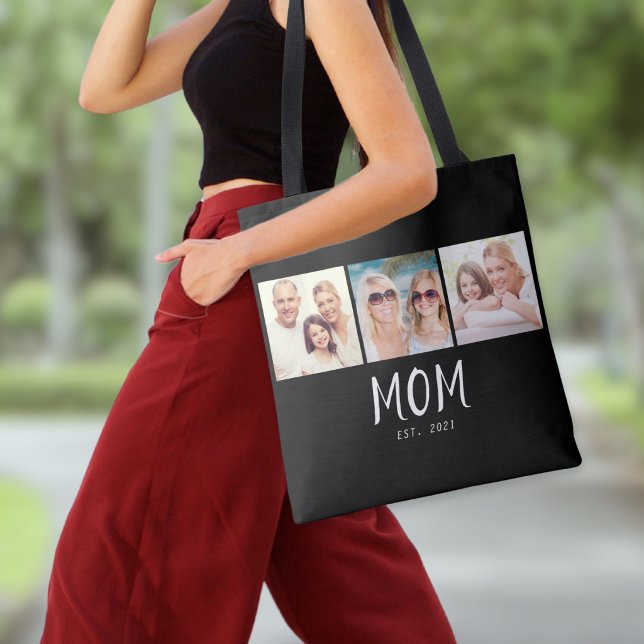 Mom Established Script Black 3 Photo Tote Bag (A stylish tote bag with three photos and customizable "Mom Est. 2021" text in white on black)