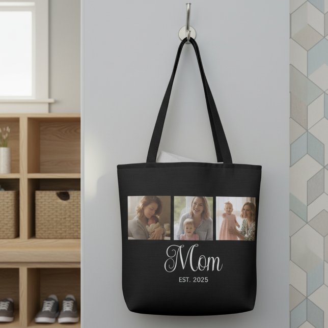 Mom Established Script Black 3 Photo Tote Bag (Creator Uploaded)