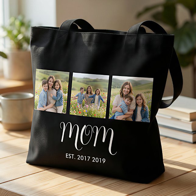 Mom Established Script Black 3 Photo Tote Bag (Creator Uploaded)