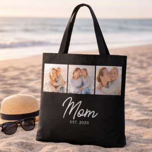 Mom Established Script Black 3 Photo Tote Bag