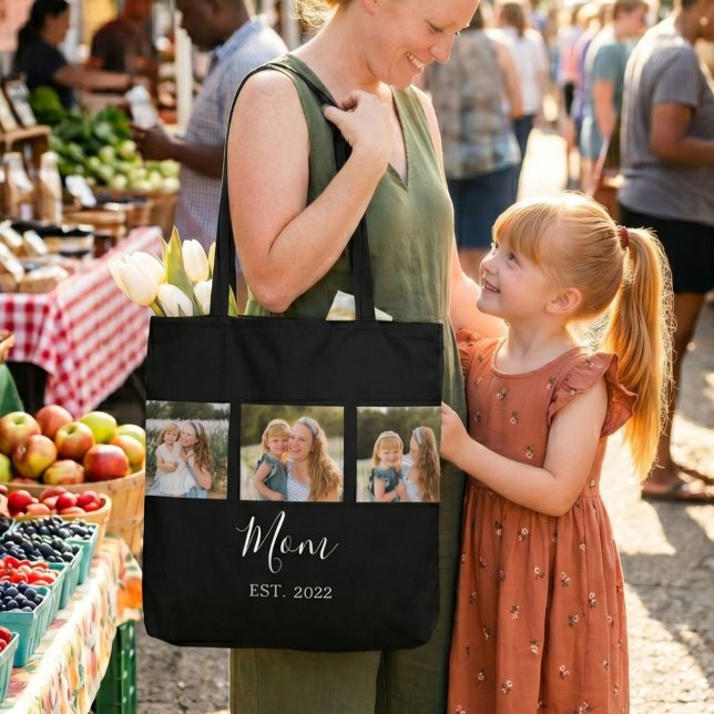 Mom Established Script Black 3 Photo Tote Bag (Creator Uploaded)